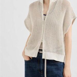 Brunello Cucinelli Cream Open-Weave Zip Knit Vest pre order only